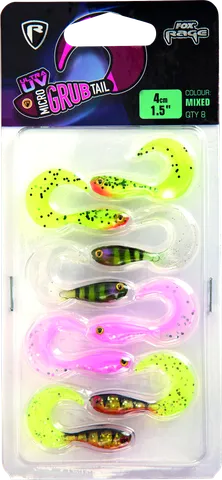 Fox Rage Micro Grub Tail UV Mixed Colour Pack Weiche Köder 4cm Mixed