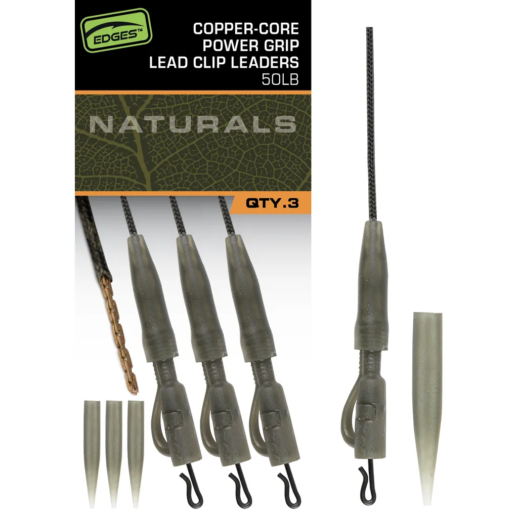 Fox Edges Naturals Copper-Core Power Grip Lead Clip Leaders 75cm 22.68kg Lead Clip