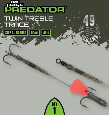 Fox Rage Predator Twin Treble Trace 52cm 18.1kg Size 8 Barbed